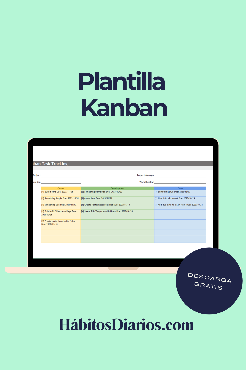 Plantilla Excel Kanban:To Do, Doing, Done.